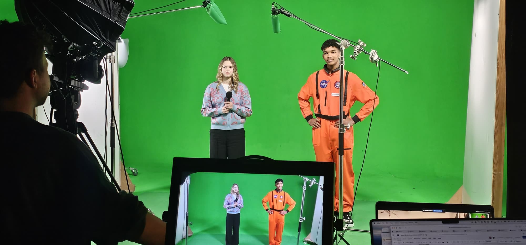 Filming on location at a school